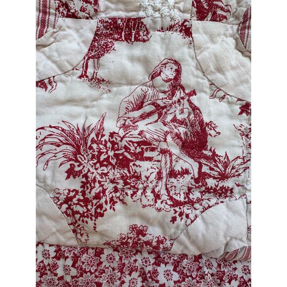 French country Toile quilted pillow shams red white reversible standard set 2 - Picture 5 of 16
